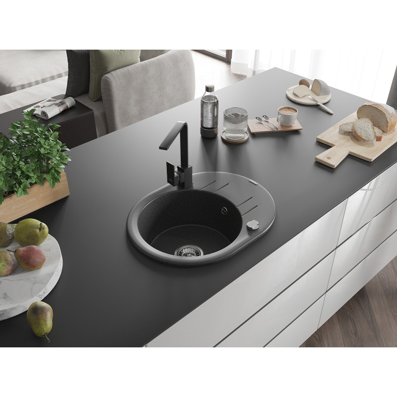 Mexen Kevin granite kitchen sink 1-bowl with drainer and Rita kitchen faucet, black speckled - 6517-76-670300-70