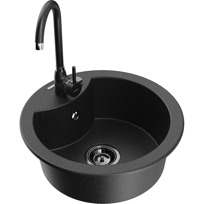 Mexen Diego 1-bowl granite sink with Telma kitchen tap, black/silver - 6512-73-670200-70-B