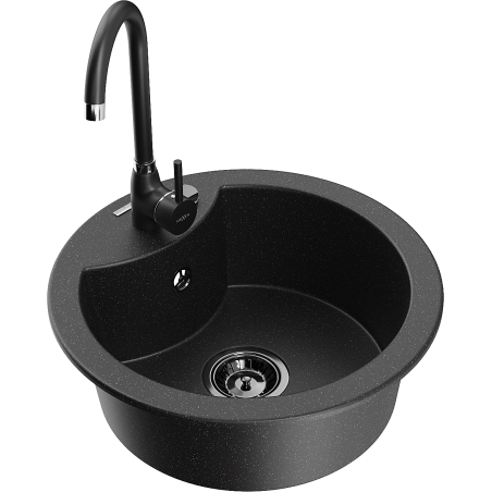Mexen Diego granite kitchen sink with 1 basin and Telma faucet, black/silver - 6512-73-670200-70-B