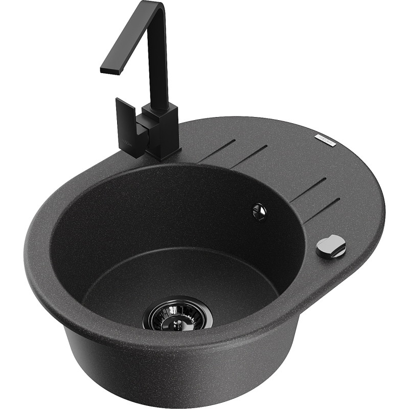 Mexen Kevin 1-bowl granite sink with drainer and Rita kitchen faucet, speckled black - 6517-76-670300-70-B
