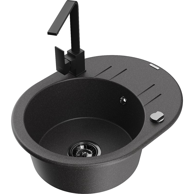 Mexen Kevin granite kitchen sink with 1 bowl, drainer, and kitchen faucet Rita, black speckled - 6517-76-670300-70-B