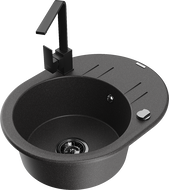 Mexen Kevin 1-bowl granite sink with drainer and Rita kitchen faucet, speckled black - 6517-76-670300-70-B