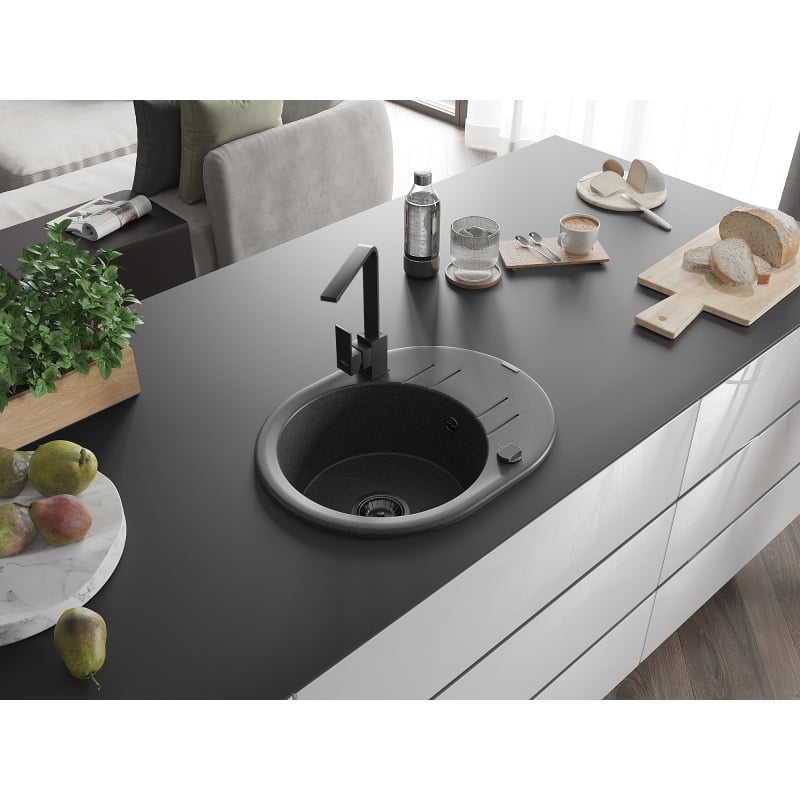 Mexen Kevin granite kitchen sink with 1 bowl, drainer, and kitchen faucet Rita, black speckled - 6517-76-670300-70-B