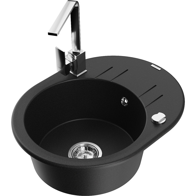 Mexen Kevin granite kitchen sink 1-bowl with drainer and kitchen faucet Rita, black - 6517-77-670300-00