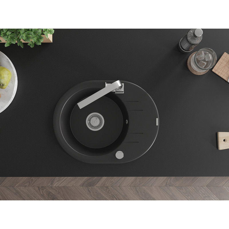 Mexen Kevin granite sink 1-bowl with drainer and kitchen tap Rita, black - 6517-77-670300-00