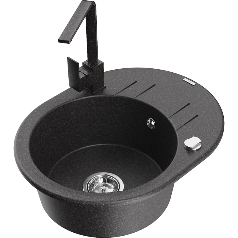 Mexen Kevin granite single-bowl sink with drainer and kitchen faucet Rita, black speckled - 6517-76-670300-76