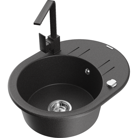 Mexen Kevin 1-Bowl Granite Sink with Drainer and Rita Kitchen Faucet, Black Speckled - 6517-76-670300-76