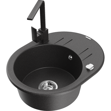 Mexen Kevin granite single-bowl sink with drainer and kitchen faucet Rita, black speckled - 6517-76-670300-76
