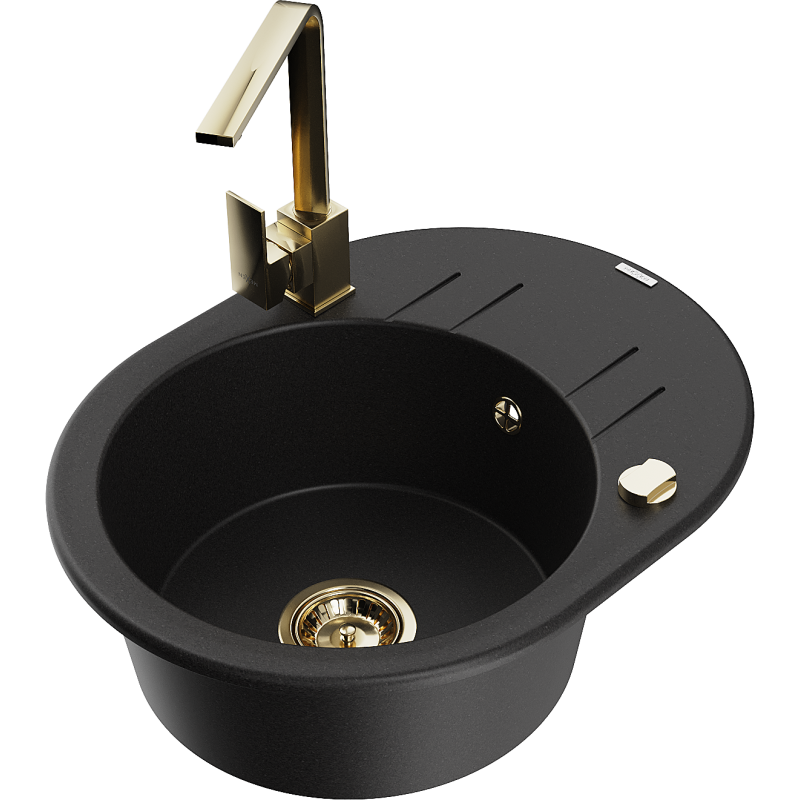 Mexen Kevin 1-compartment granite sink with a drip tray and kitchen mixer tap Rita, Black - 6517-77-670300-50