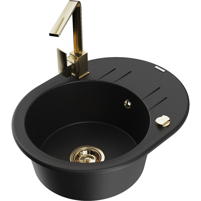 Mexen Kevin granite kitchen sink 1-bowl with drainer and kitchen faucet Rita, black - 6517-77-670300-50