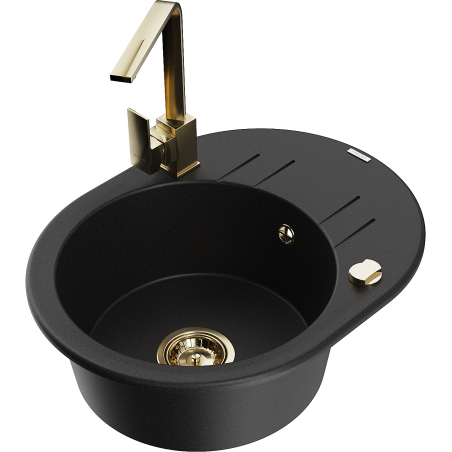 Mexen Kevin granite kitchen sink 1-bowl with drainer and kitchen faucet Rita, black - 6517-77-670300-50