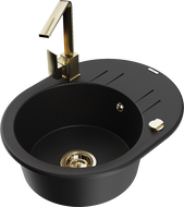 Mexen Kevin 1-bowl granite sink with drainer and Rita kitchen mixer, black - 6517-77-670300-50