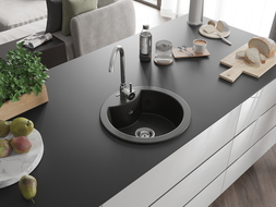 Mexen Diego 1-compartment granite sink with a kitchen mixer tap Telma, Black/Gold - 6512-75-670200-00