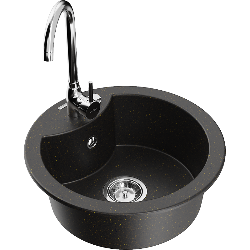 Mexen Diego 1-bowl Granite Sink with Telma Kitchen Tap, Black/Gold - 6512-75-670200-00