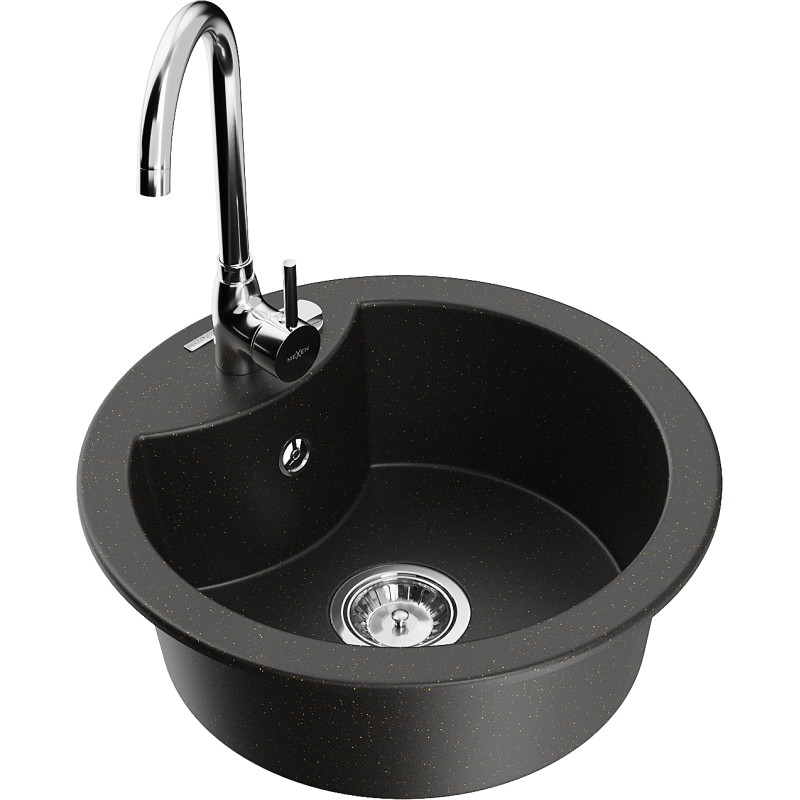 Mexen Diego granite single-bowl sink with Telma kitchen faucet, black/gold - 6512-75-670200-00