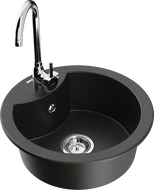 Mexen Diego granite single-bowl sink with Telma kitchen faucet, black/gold - 6512-75-670200-00