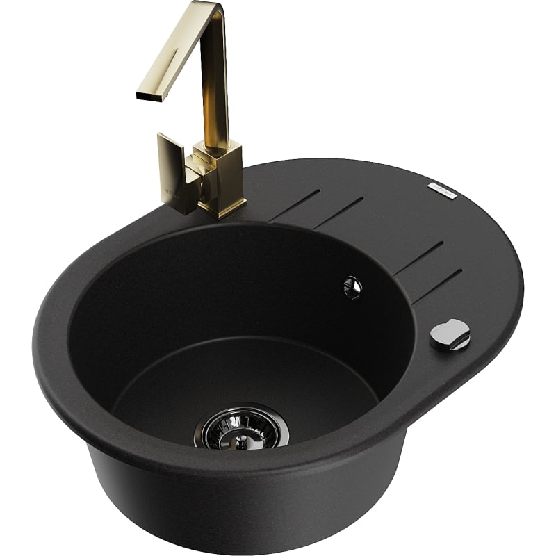 Mexen Kevin 1-bowl granite sink with drainer and Rita kitchen faucet, black - 6517-77-670300-50-B