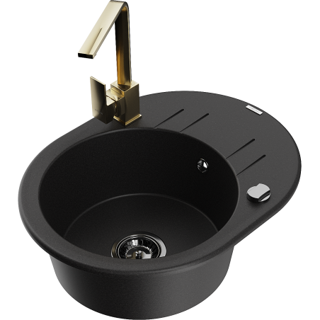 Mexen Kevin 1-bowl granite sink with drainer and Rita kitchen faucet, black - 6517-77-670300-50-B