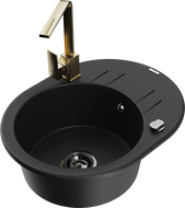 Mexen Kevin 1-bowl granite sink with drainer and Rita kitchen faucet, black - 6517-77-670300-50-B