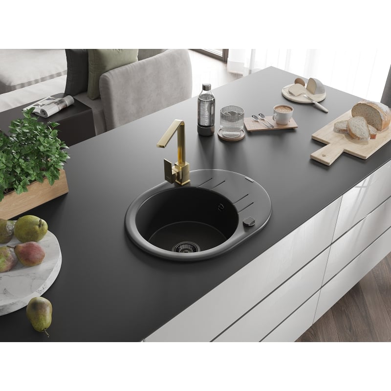 Mexen Kevin 1-bowl granite sink with drainer and Rita kitchen faucet, black - 6517-77-670300-50-B