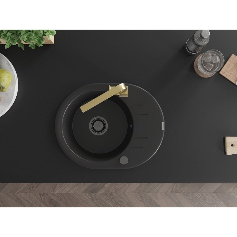 Mexen Kevin 1-bowl granite sink with drainer and Rita kitchen faucet, black - 6517-77-670300-50-B
