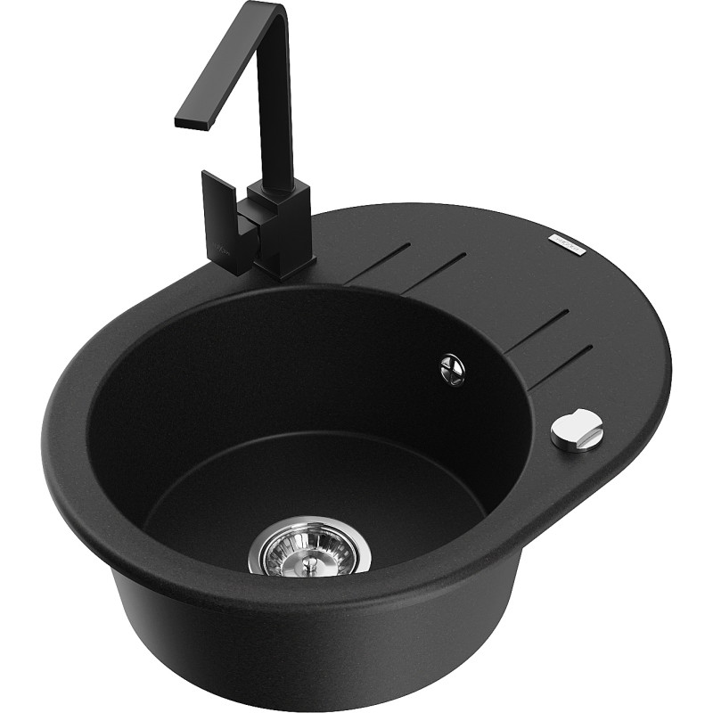 Mexen Kevin 1-bowl granite sink with drainer and Rita kitchen faucet, black - 6517-77-670300-70