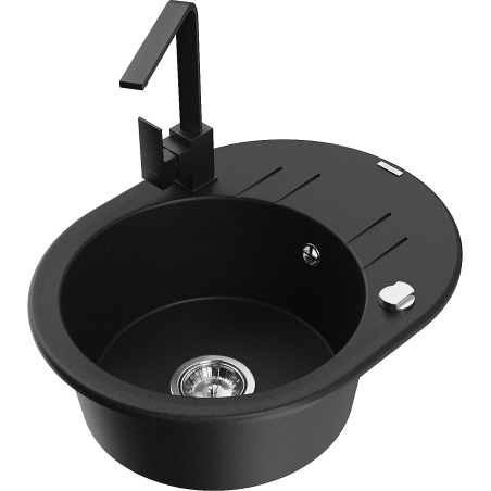 Mexen Kevin 1-bowl granite sink with drainer and Rita kitchen faucet, black - 6517-77-670300-70