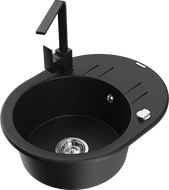 Mexen Kevin 1-bowl granite sink with drainer and Rita kitchen faucet, black - 6517-77-670300-70