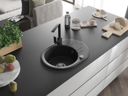 Mexen Kevin 1-bowl granite sink with drainer and Rita kitchen faucet, black - 6517-77-670300-70