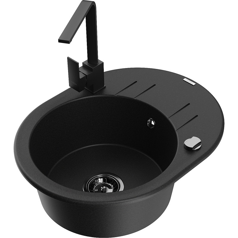 Mexen Kevin single-bowl granite sink with drainer and kitchen faucet Rita, black - 6517-77-670300-70-B