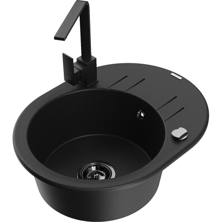 Mexen Kevin 1-bowl granite sink with drainer and Rita kitchen faucet, black - 6517-77-670300-70-B