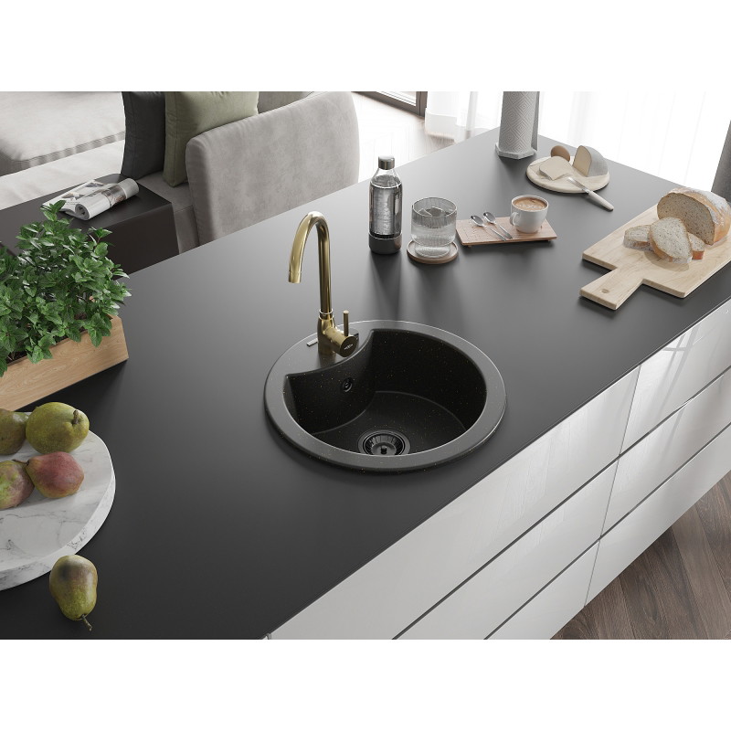 Mexen Diego 1-bowl granite sink with Telma kitchen faucet, black/gold - 6512-75-670200-50-B