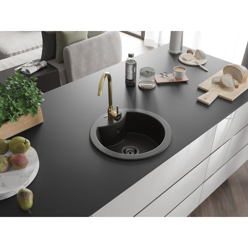 Mexen Diego granite kitchen sink 1-bowl with Telma kitchen faucet, black/gold - 6512-75-670200-50-B