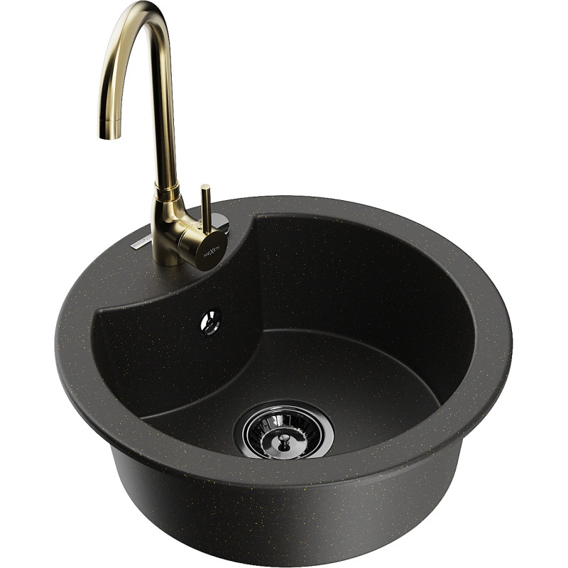 Mexen Diego 1-bowl granite sink with Telma kitchen faucet, black/gold - 6512-75-670200-50-B