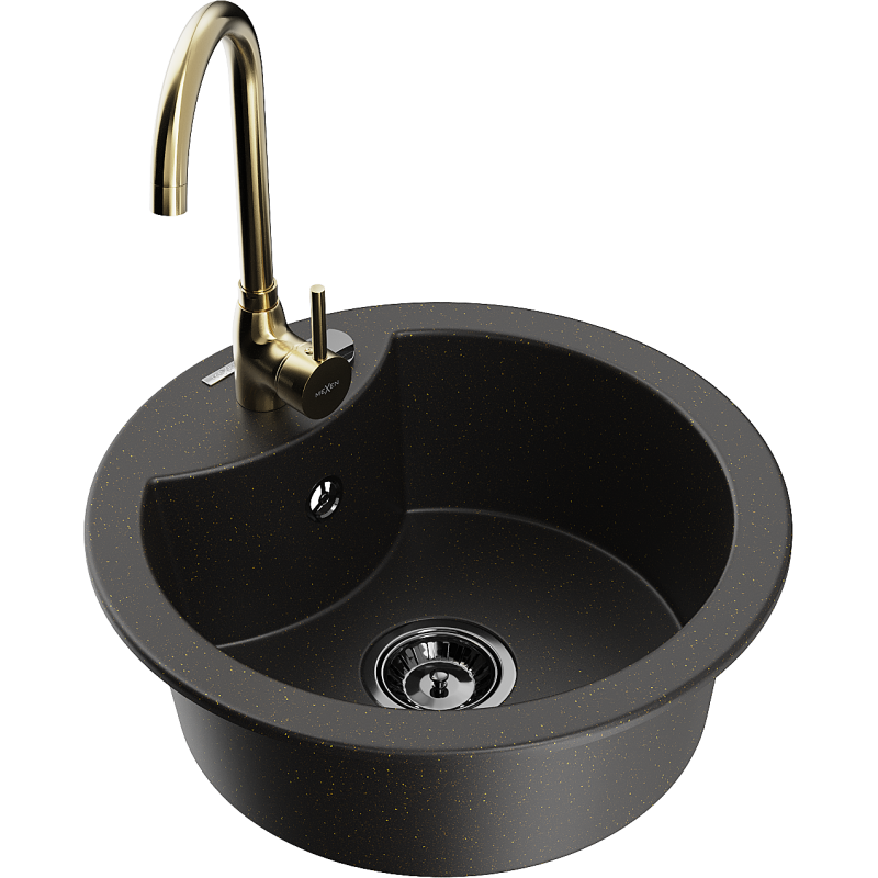 Mexen Diego 1-compartment granite sink with a kitchen mixer tap Telma, Black/Gold - 6512-75-670200-50-B