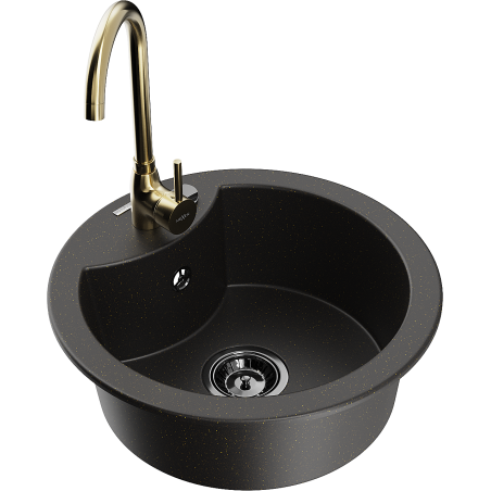 Mexen Diego 1-compartment granite sink with a kitchen mixer tap Telma, Black/Gold - 6512-75-670200-50-B