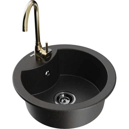 Mexen Diego granite kitchen sink 1-bowl with Telma kitchen faucet, black/gold - 6512-75-670200-50-B