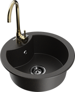 Mexen Diego 1-compartment granite sink with a kitchen mixer tap Telma, Black/Gold - 6512-75-670200-50-B