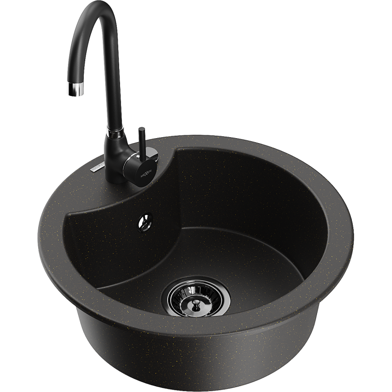 Mexen Diego 1-compartment granite sink with a kitchen mixer tap Telma, Black/Gold - 6512-75-670200-70-B