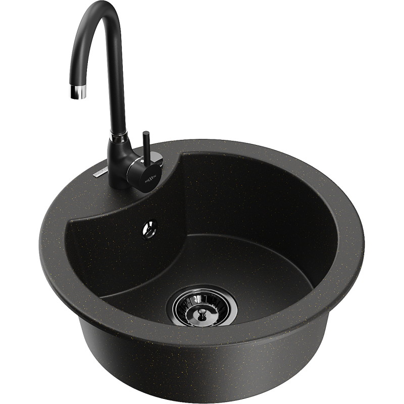 Mexen Diego granite kitchen sink 1-bowl with Telma kitchen faucet, black/gold - 6512-75-670200-70-B