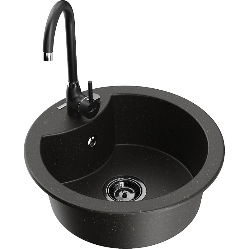 Mexen Diego granite sink 1-bowl with Telma kitchen faucet, black/gold - 6512-75-670200-70-B