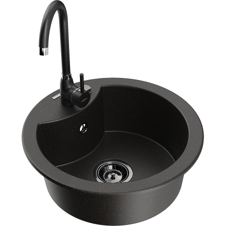 Mexen Diego granite kitchen sink 1-bowl with Telma kitchen faucet, black/gold - 6512-75-670200-70-B