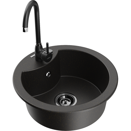 Mexen Diego granite sink 1-bowl with Telma kitchen faucet, black/gold - 6512-75-670200-70-B