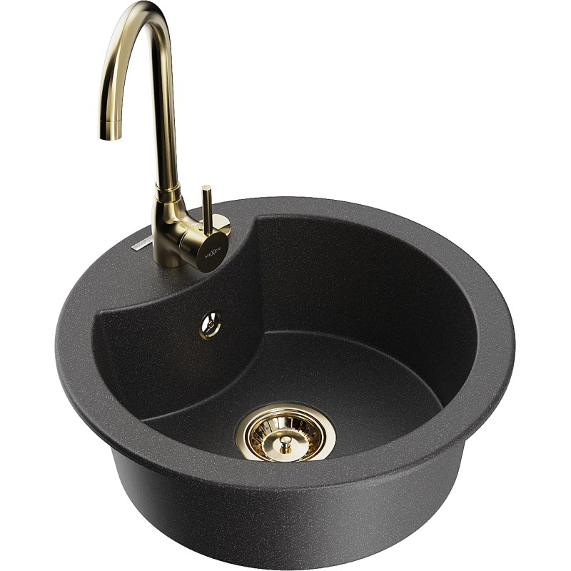 Mexen Diego 1-Bowl Granite Sink with Telma Kitchen Faucet, Speckled Black - 6512-76-670200-50