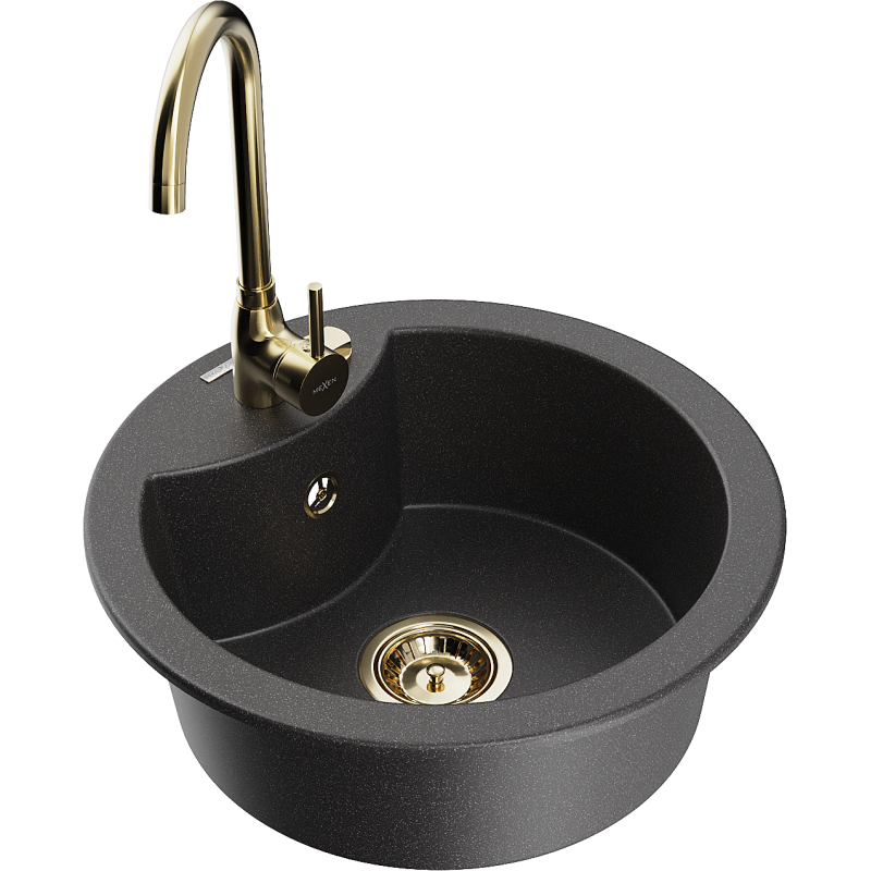Mexen Diego 1-bowl granite sink with Telma kitchen tap, black speckled - 6512-76-670200-50