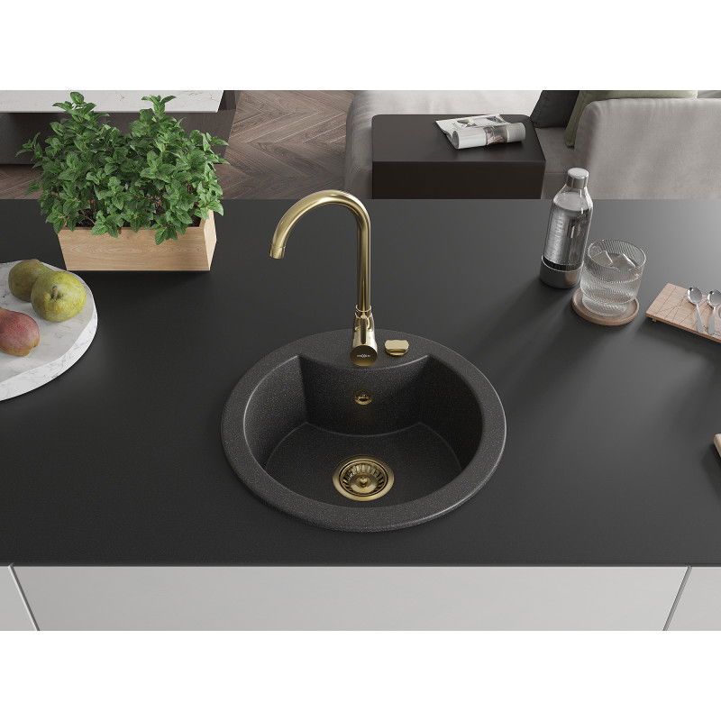 Mexen Diego 1-bowl granite sink with Telma kitchen tap, black speckled - 6512-76-670200-50