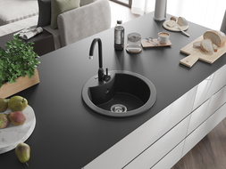 Mexen Diego 1-compartment granite sink with a kitchen mixer tap Telma, spotted black - 6512-76-670200-70