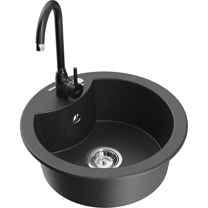 Mexen Diego 1-compartment granite sink with a kitchen mixer tap Telma, spotted black - 6512-76-670200-70