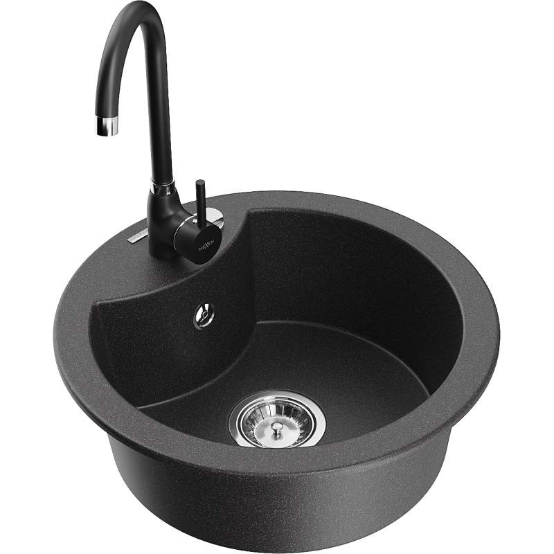 Mexen Diego single-bowl granite sink with Telma kitchen tap, black speckled - 6512-76-670200-70