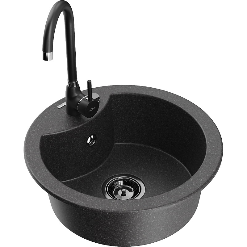 Mexen Diego 1-bowl granite sink with Telma kitchen faucet, black speckled - 6512-76-670200-70-B